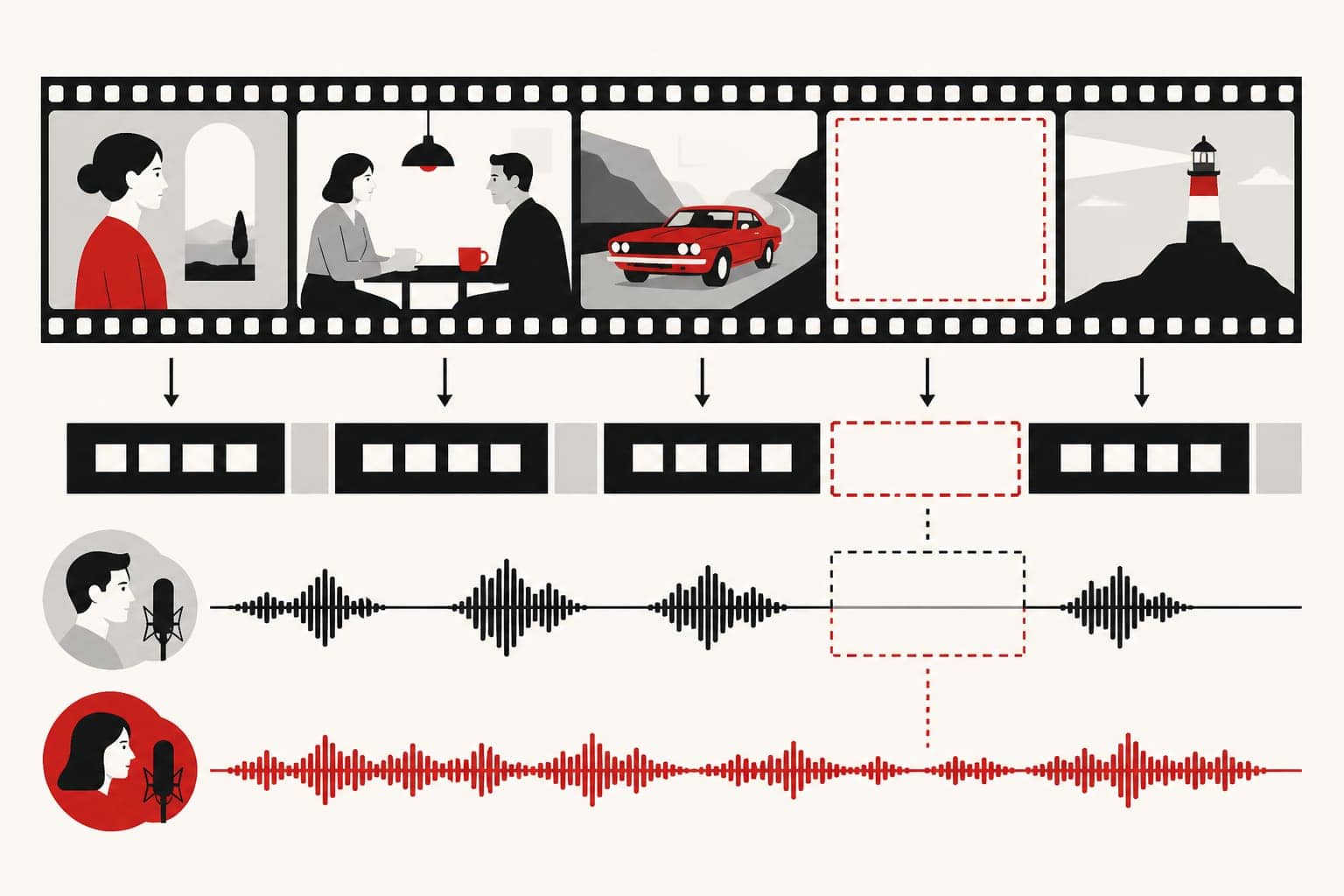 Flujo de trabajo de audiodescripción con fotogramas cinematográficos, huecos cronometrados y una pista de narración independiente mezclada por debajo del diálogo