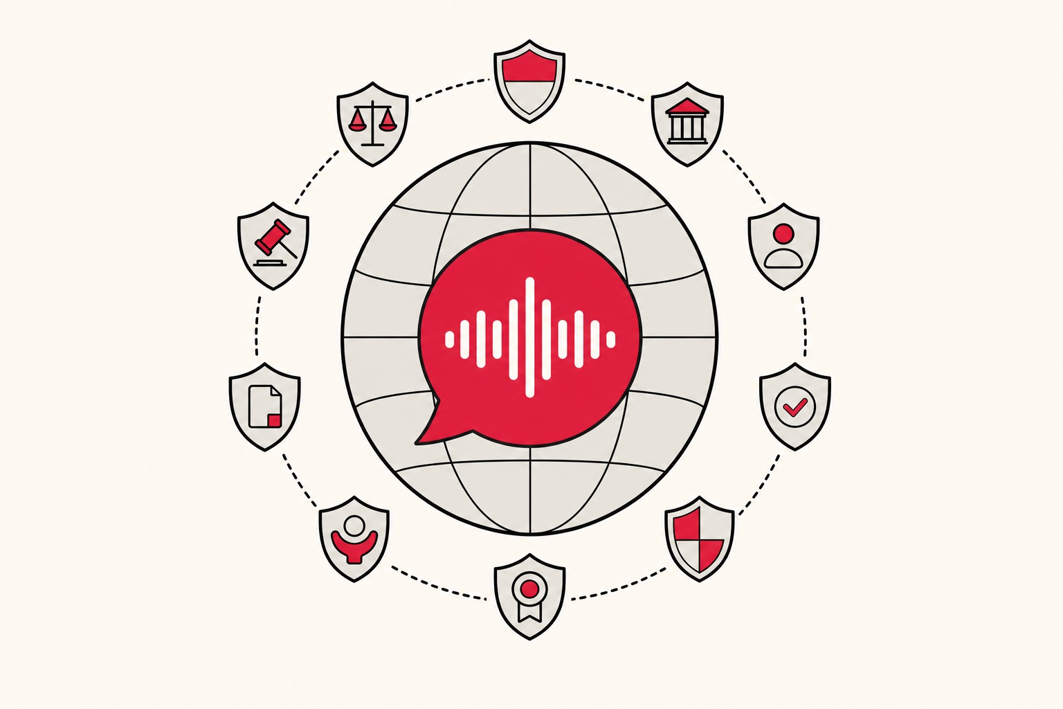 A globe ringed by small legal shield icons around a voice bubble