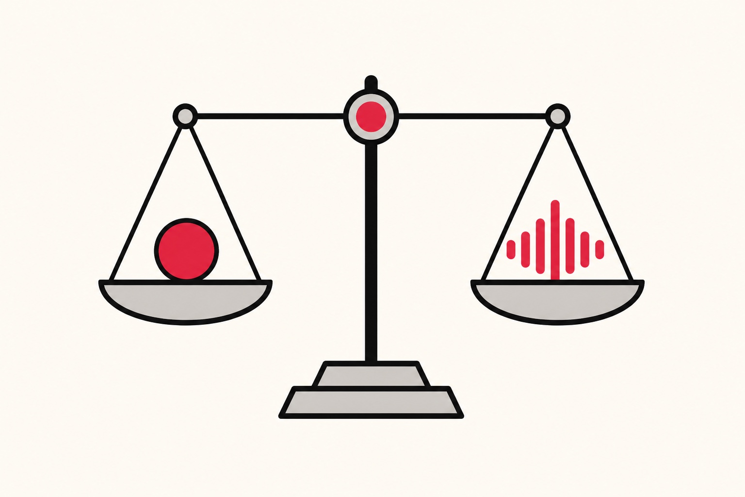 A balance scale weighing a coin against a sound waveform
