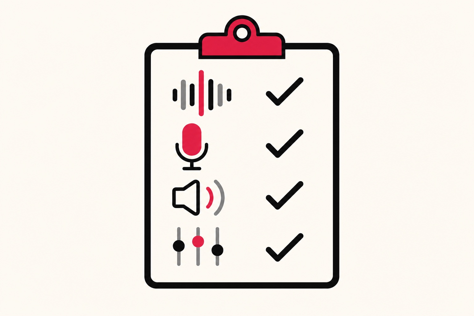 A clipboard checklist with checkmarks beside voice feature icons