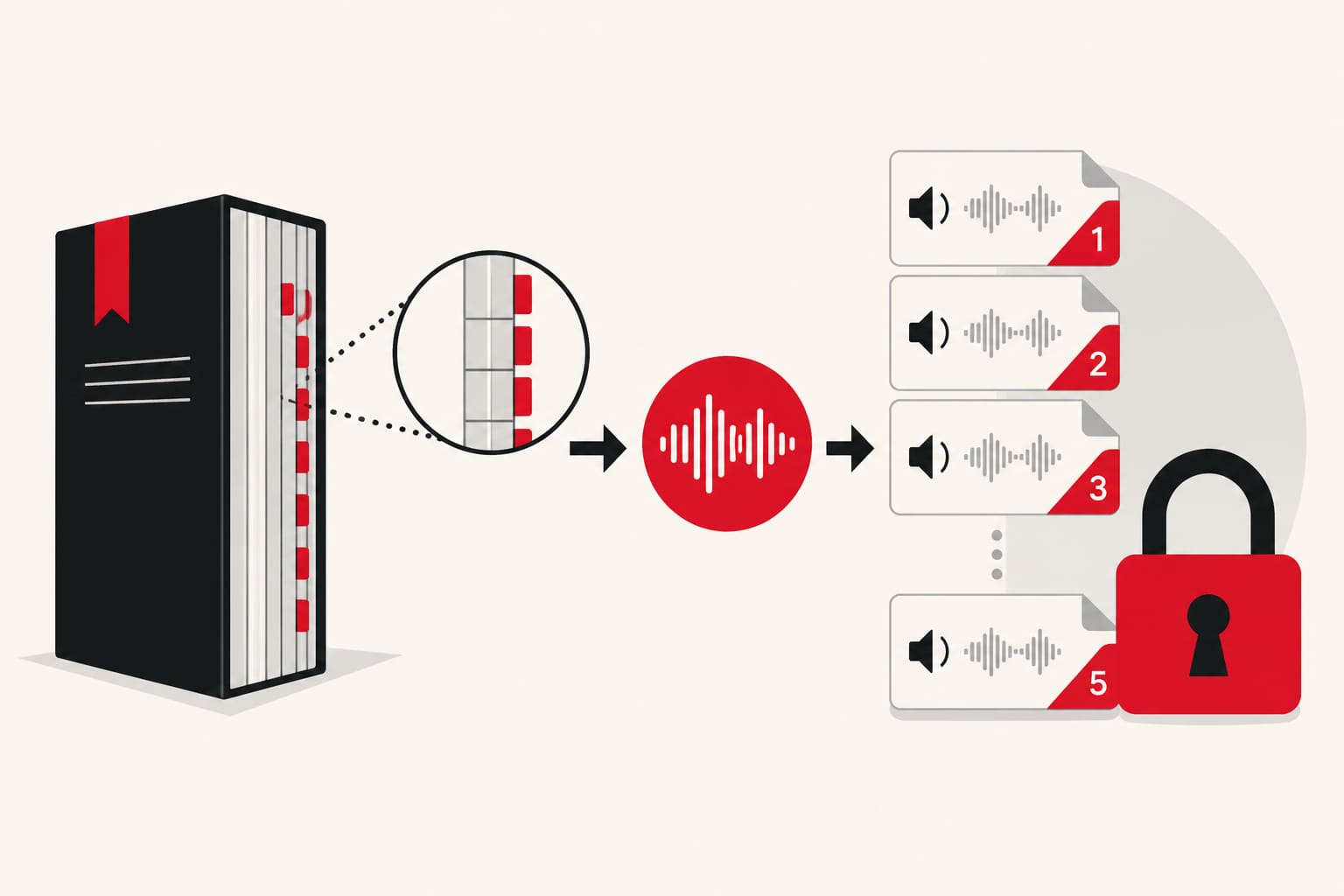Flujo de trabajo de EPUB a audiolibro que muestra el lomo de un libro que se convierte en archivos de audio numerados por capítulo, junto con un candado de privacidad