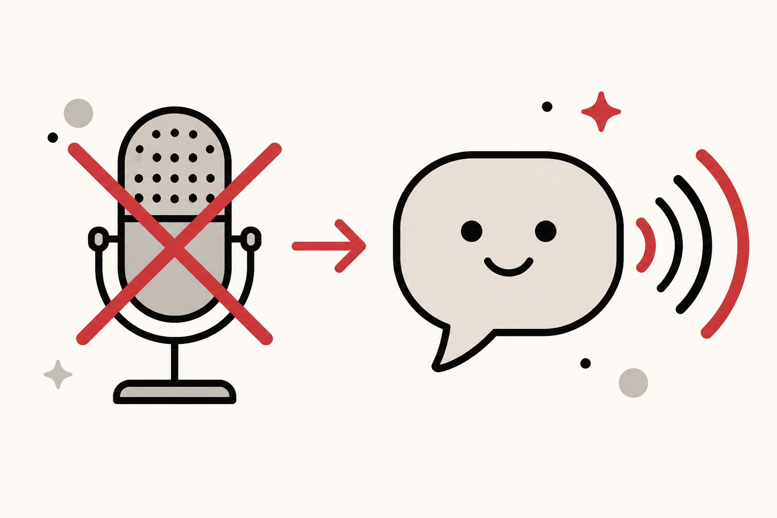 A crossed-out microphone replaced by a friendly speech bubble