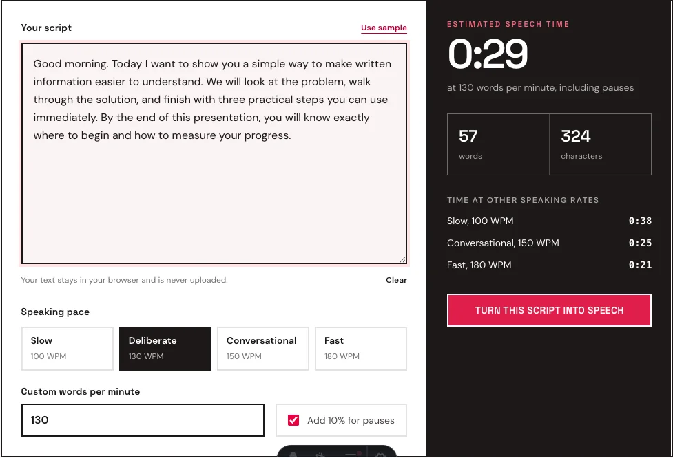 Speech time calculator showing a sample script, speaking pace, word count, and estimated duration