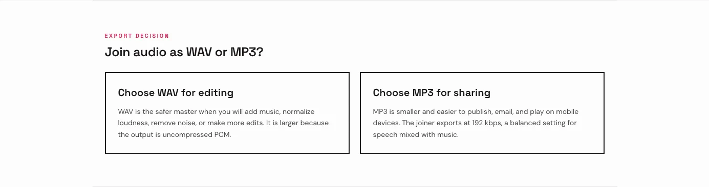 Comparison cards explaining when to join audio as WAV and when to export MP3