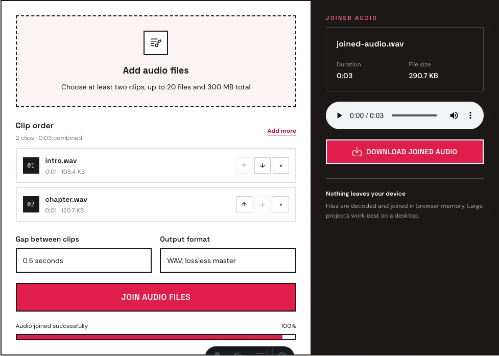 Audio joiner arranging two WAV clips with a half-second gap and a completed joined file