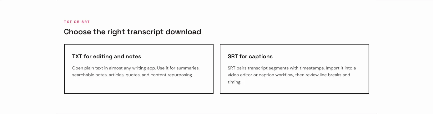 Side-by-side cards comparing TXT downloads for notes with SRT downloads for captions