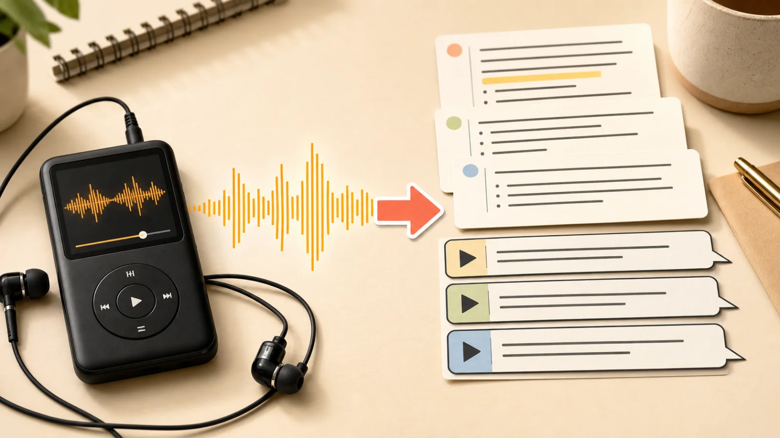 Portable MP3 recording transforming into organized notes and subtitle cards