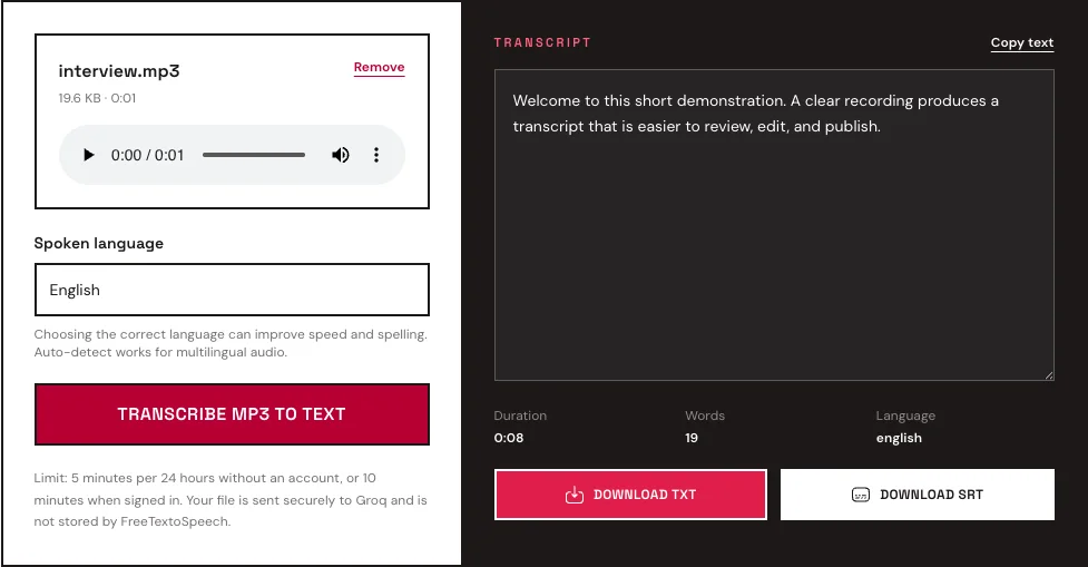 MP3 to text converter showing an interview recording, editable transcript, and TXT and SRT downloads