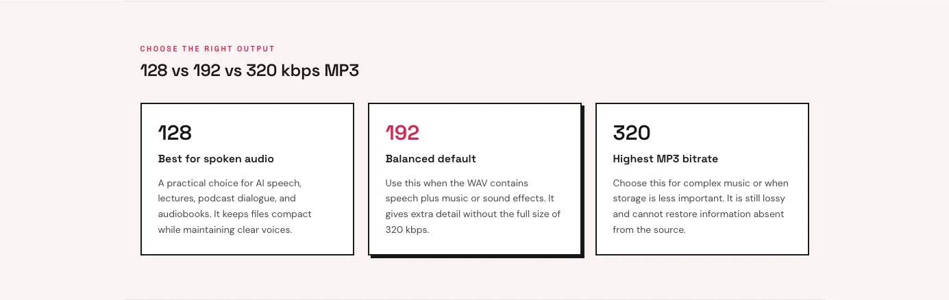 MP3 bitrate comparison for 128, 192, and 320 kbps audio exports