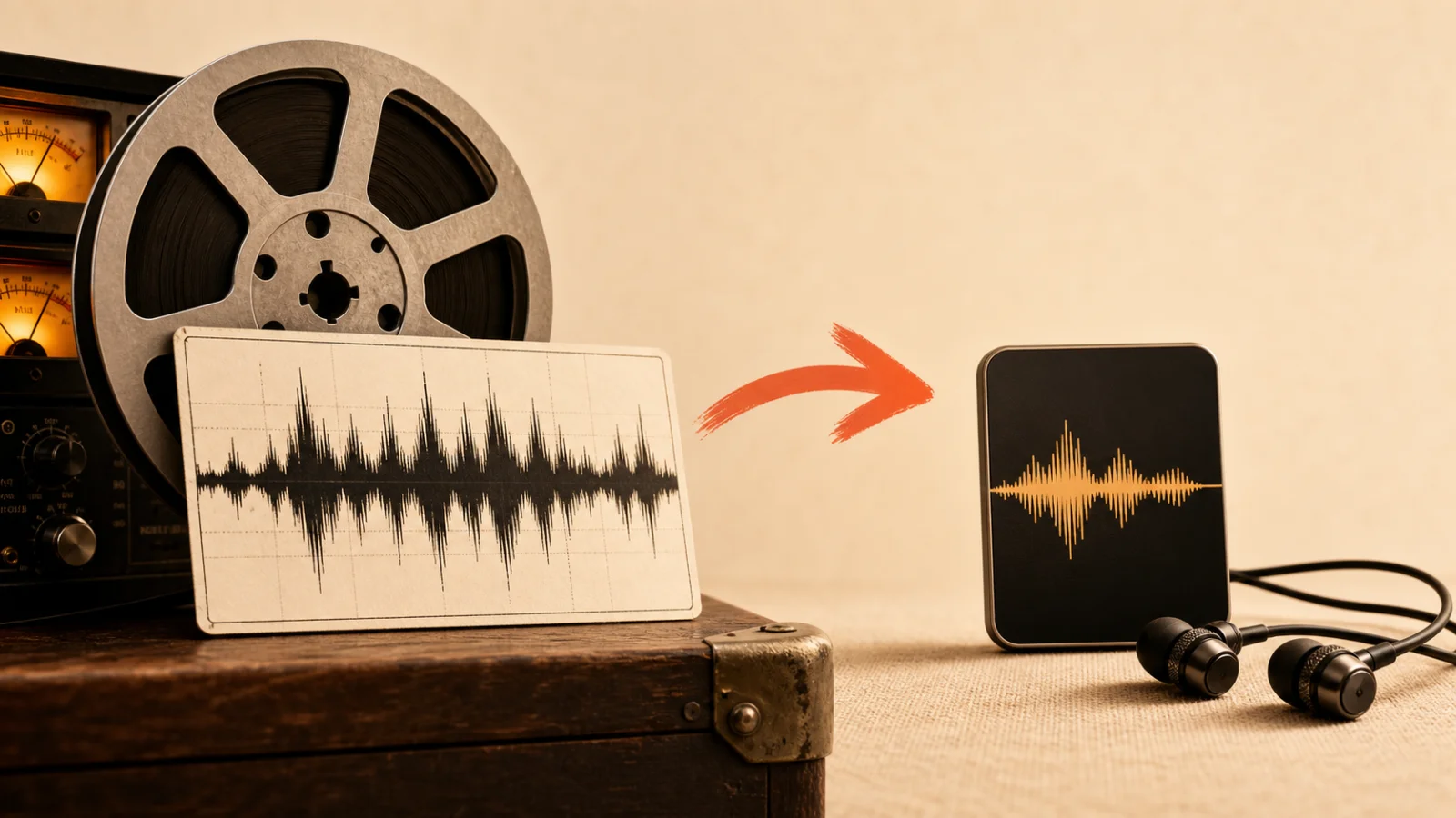 Large studio waveform converting into a compact portable audio file for sharing
