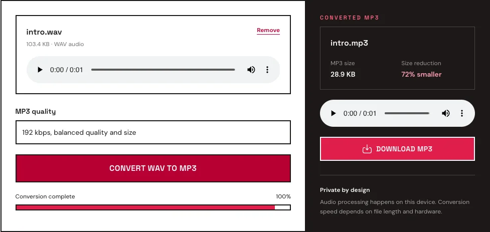 WAV to MP3 converter showing a loaded WAV, 192 kbps setting, size reduction, and MP3 download