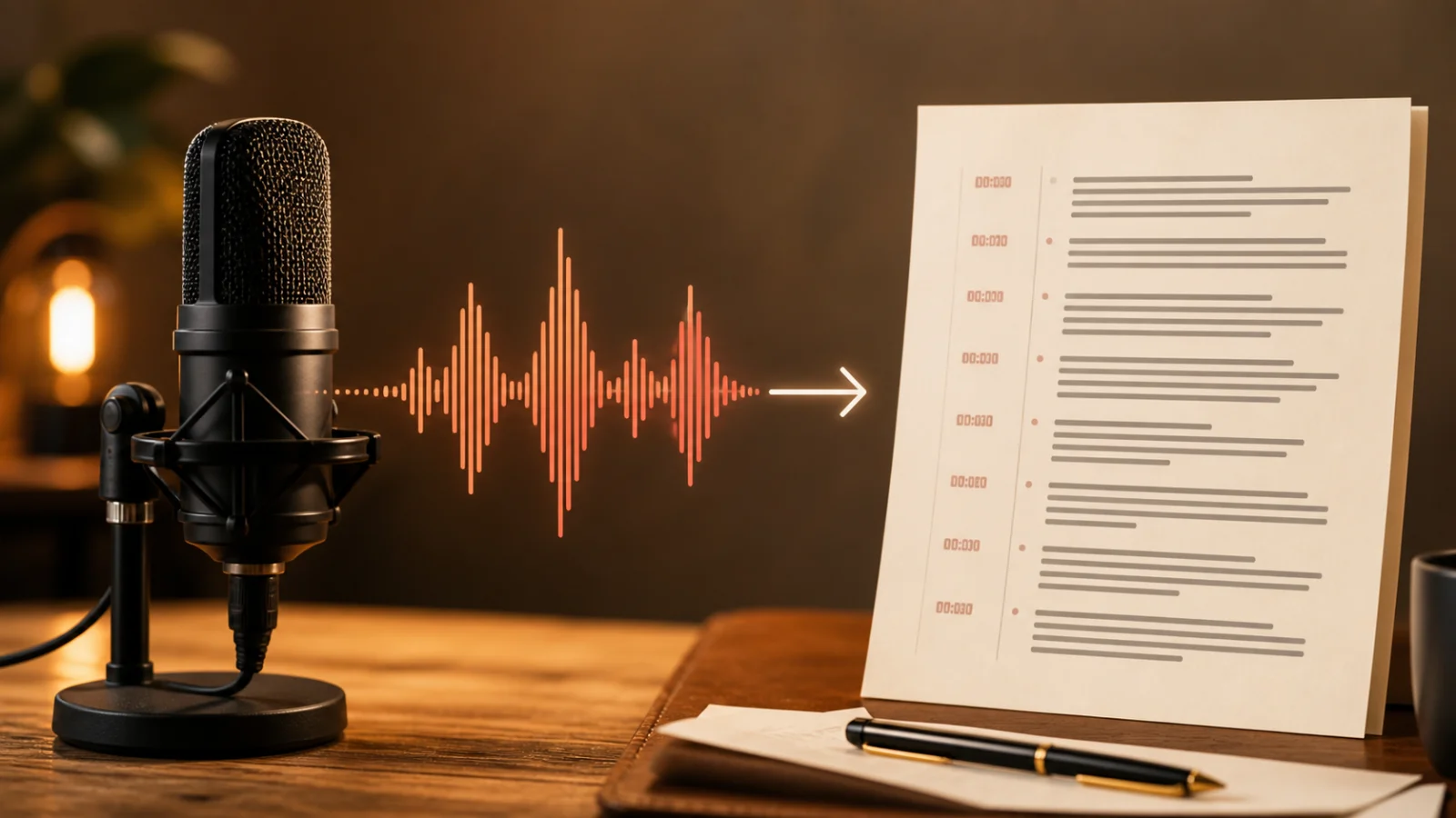 Microphone and audio waveform flowing into an editable transcript with timestamps