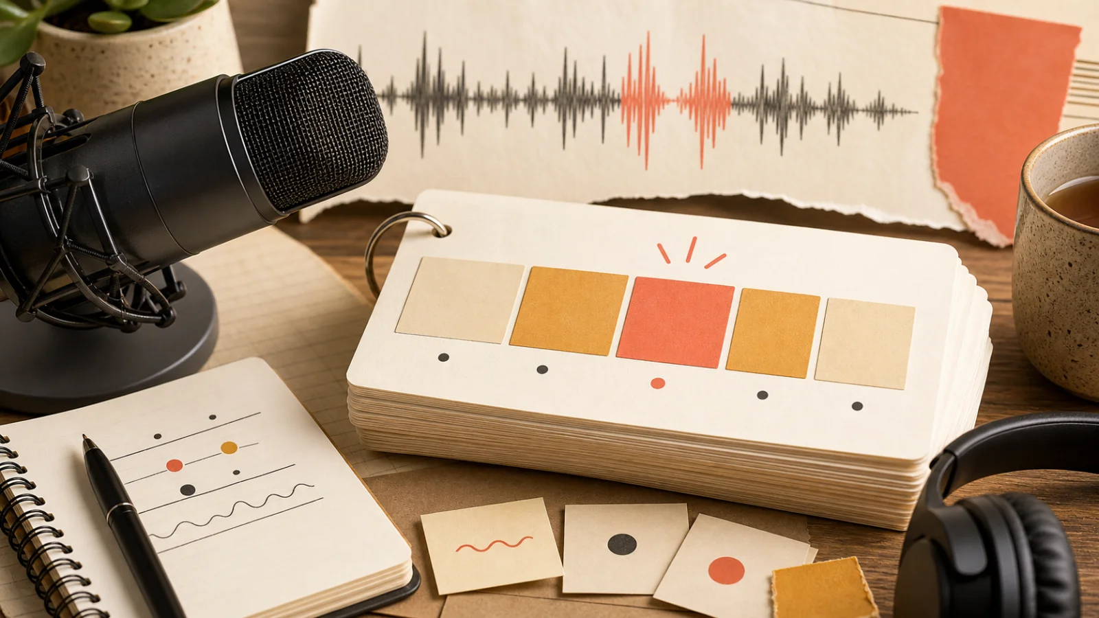 Microphone, syllable cards, and sound waves illustrating how to write words phonetically