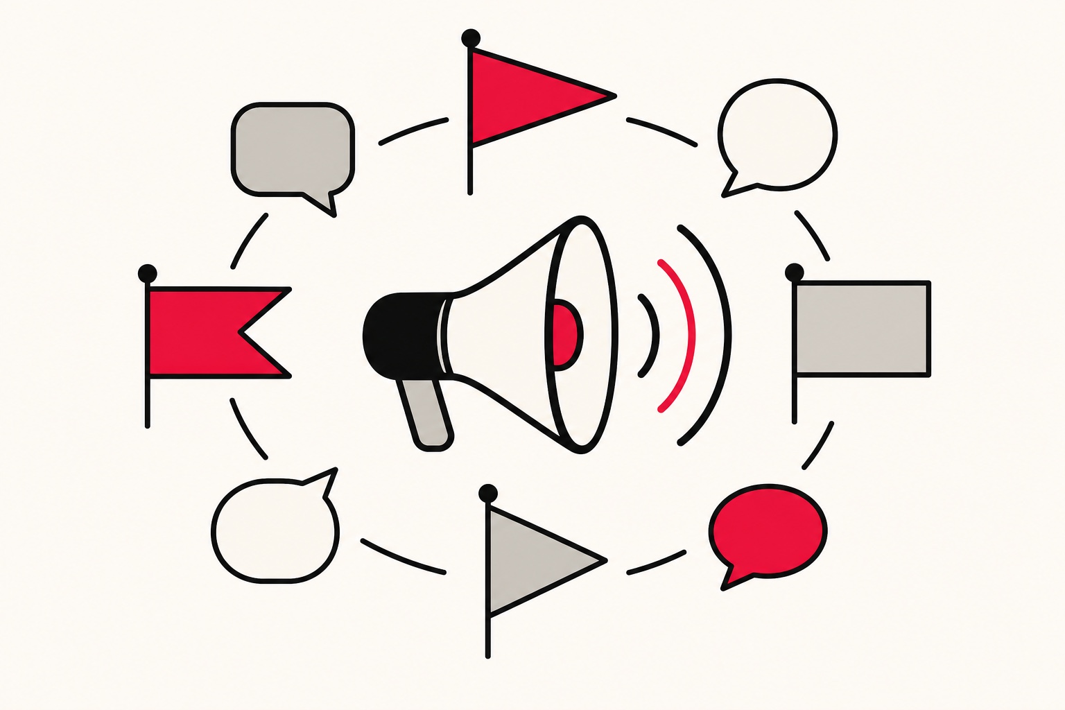 A speaker icon encircled by simple flag shapes and speech bubbles