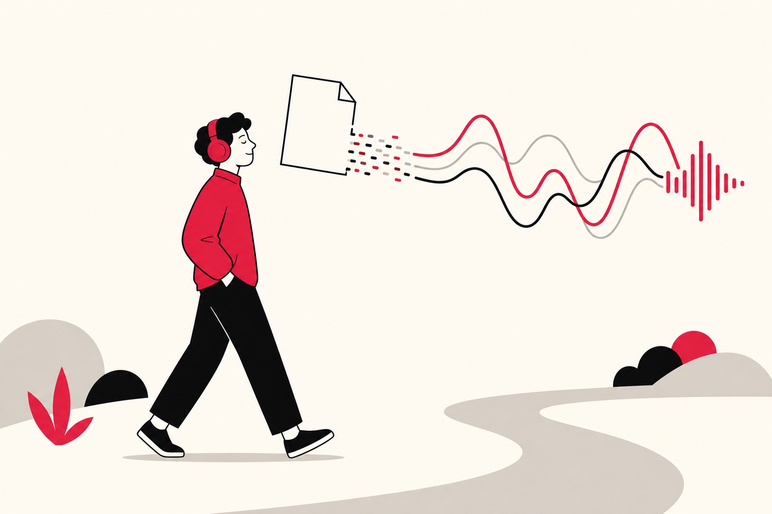 A speaker icon radiating toward headphones, video, book and podcast symbols