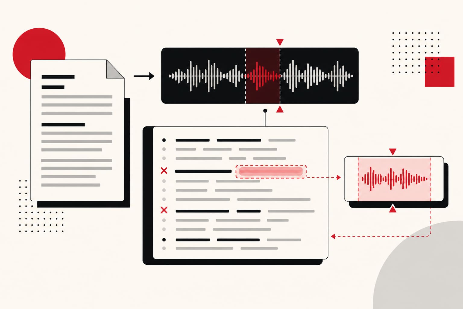 Flujo de revisión desde el guion bloqueado hasta la forma de onda, la comparación de la transcripción y la sustitución de un segmento de audio