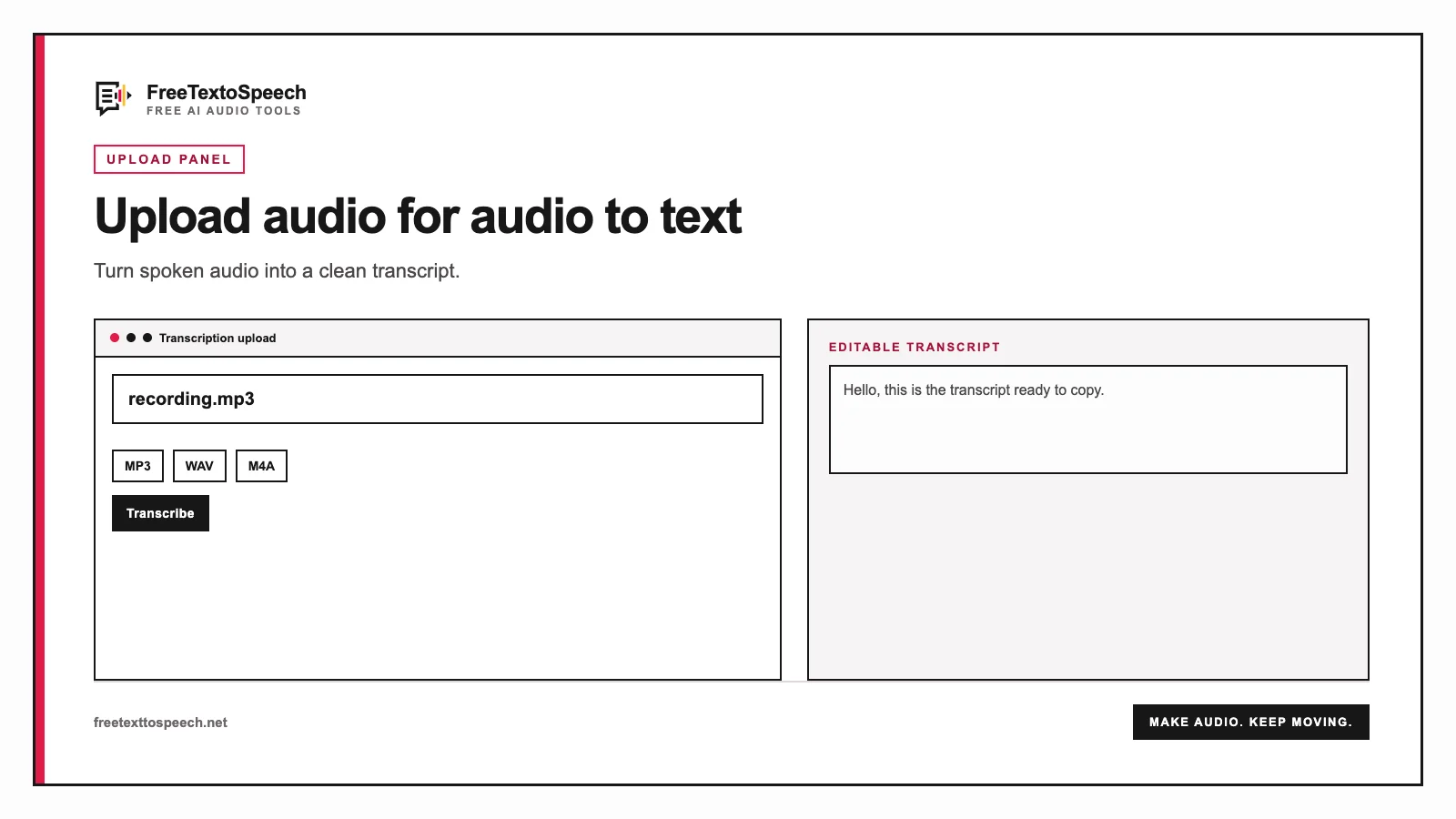 Tool interface mockup for audio to text showing input controls and the finished result