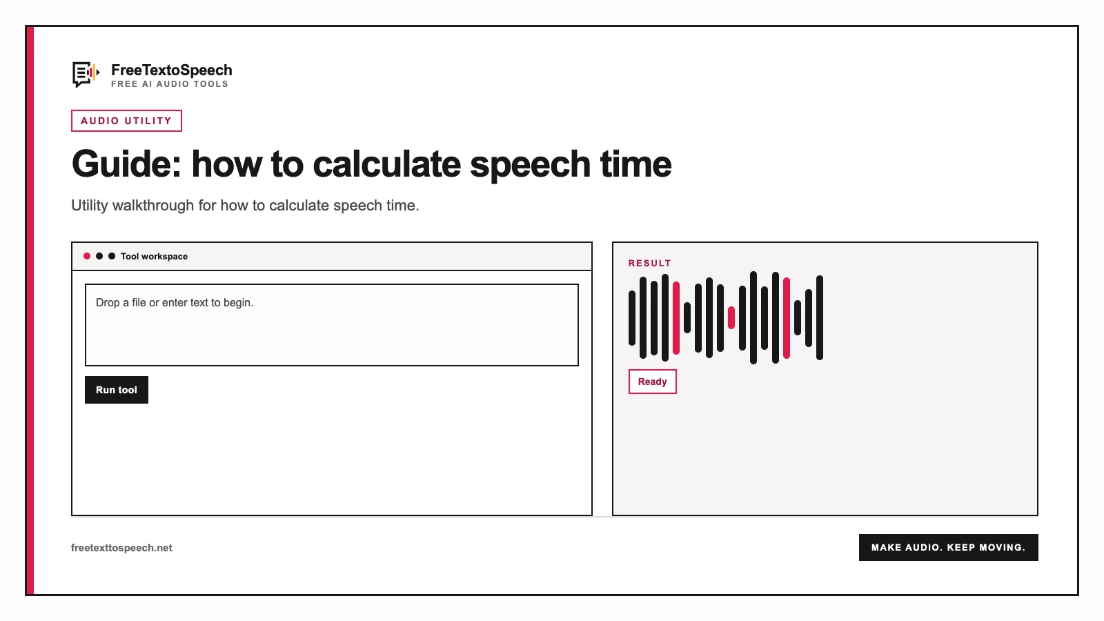 Tool interface mockup for how to calculate speech time showing input controls and the finished re...