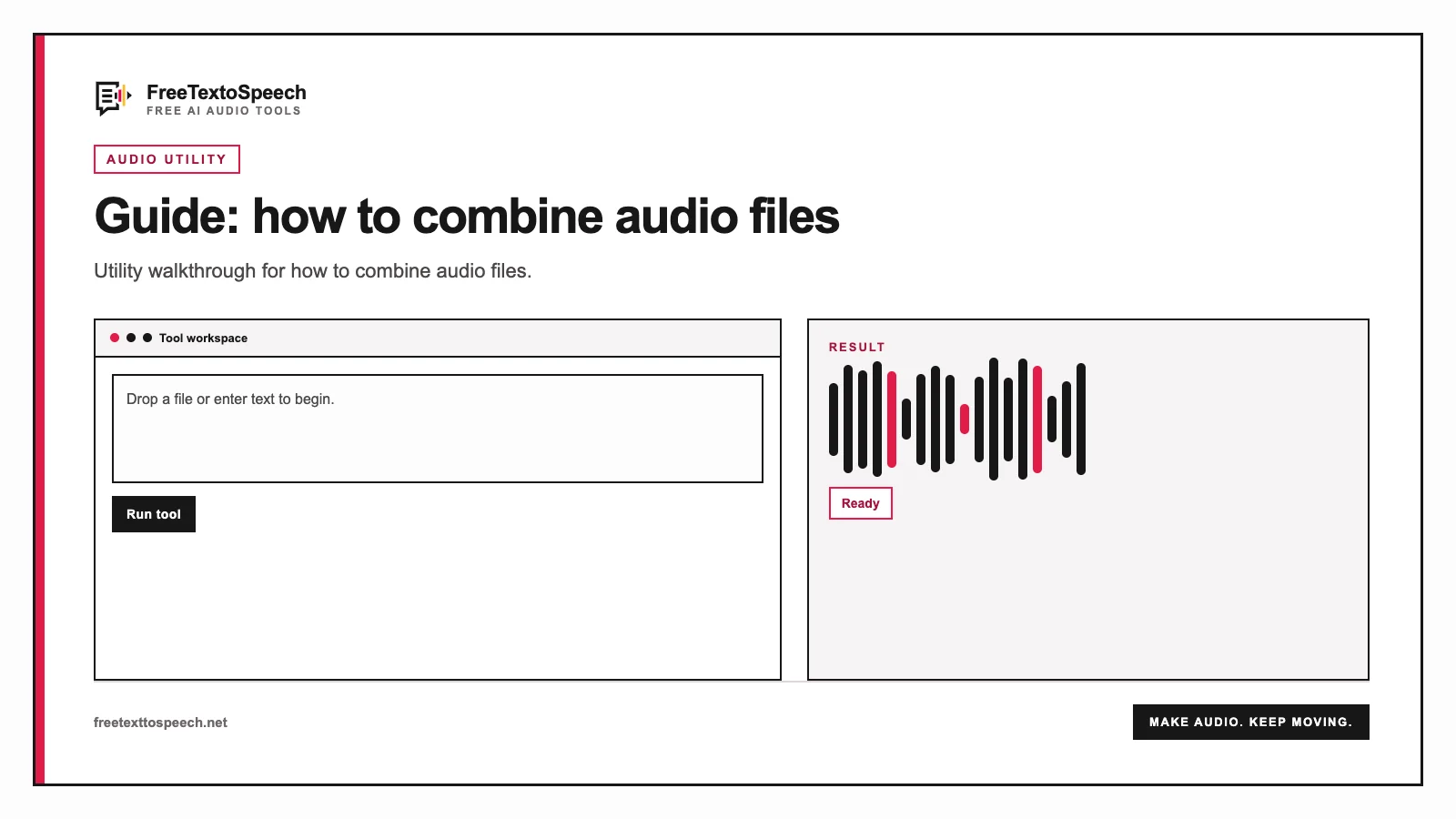 Tool interface mockup for how to combine audio files showing input controls and the finished result