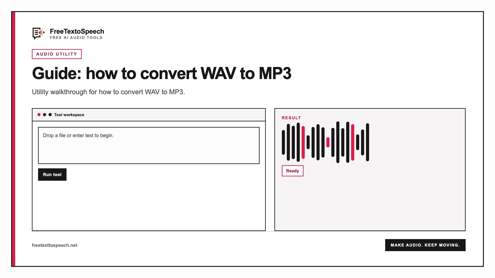 Tool interface mockup for how to convert WAV to MP3 showing input controls and the finished result