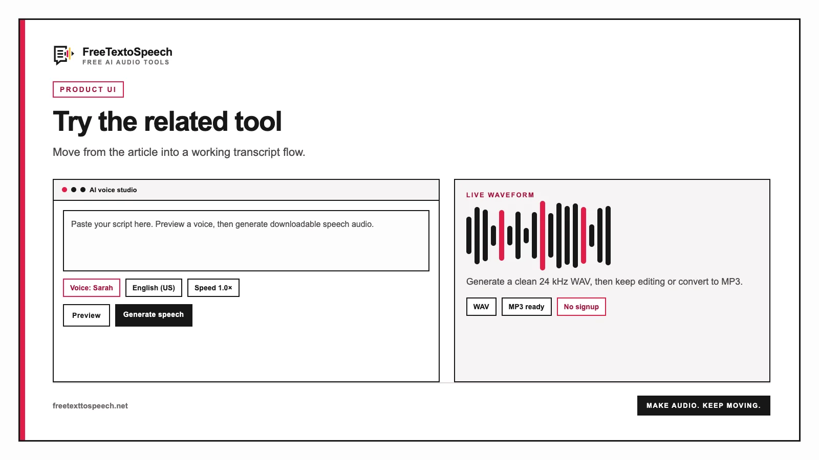 FreeTextoSpeech studio mockup for how to transcribe audio to text with script, voice controls, an...