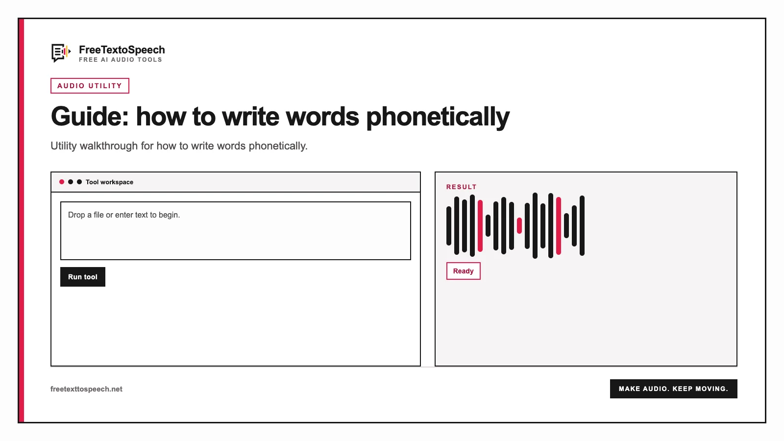 Tool interface mockup for how to write words phonetically showing input controls and the finished...