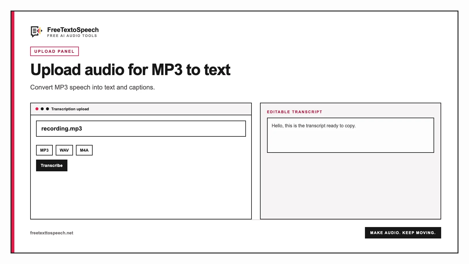 Tool interface mockup for MP3 to text showing input controls and the finished result