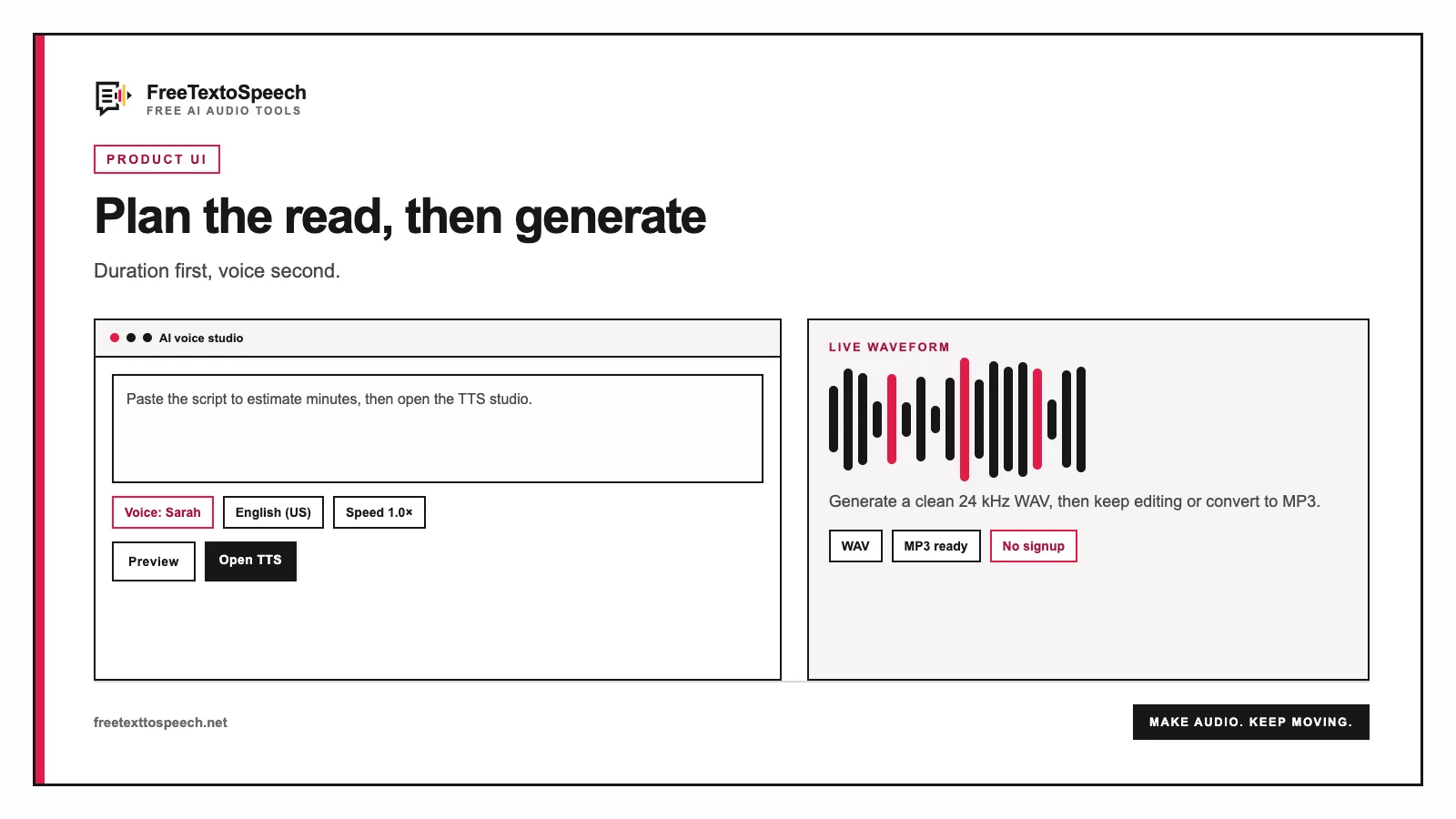 FreeTextoSpeech studio mockup for speech time calculator with script, voice controls, and wavefor...