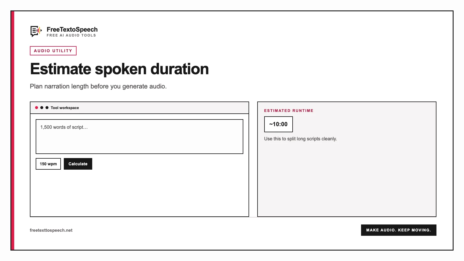 Tool interface mockup for speech time calculator showing input controls and the finished result