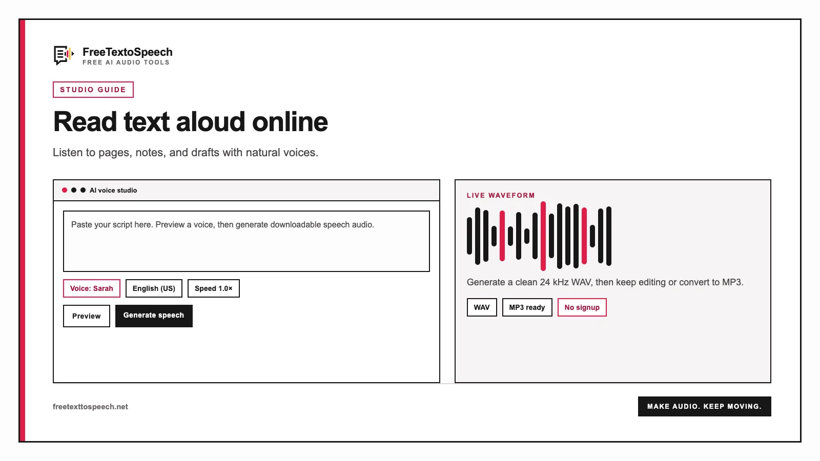 FreeTextoSpeech studio mockup for text reader online with script, voice controls, and waveform pr...