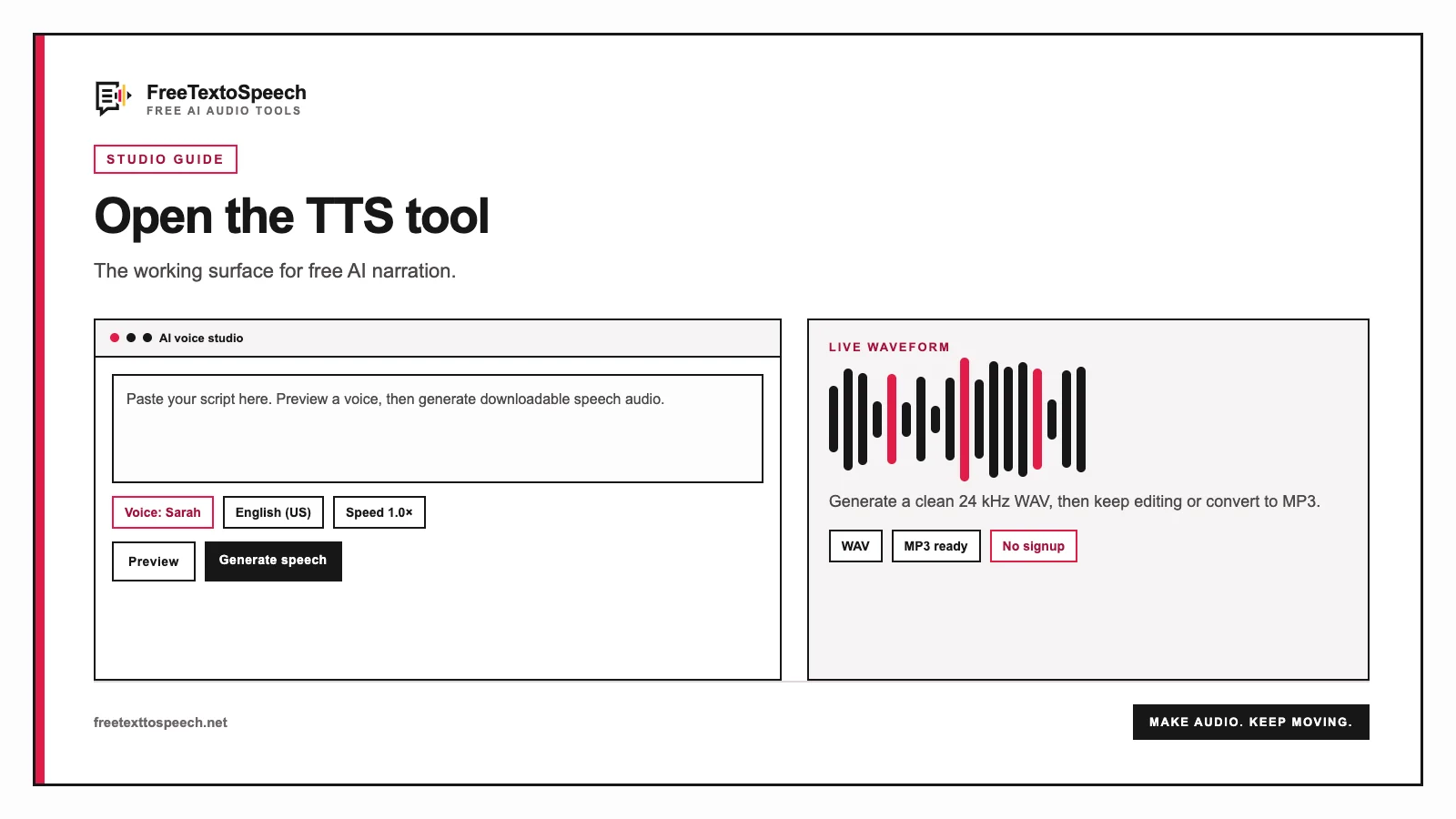 FreeTextoSpeech studio mockup for text to speech tool with script, voice controls, and waveform p...