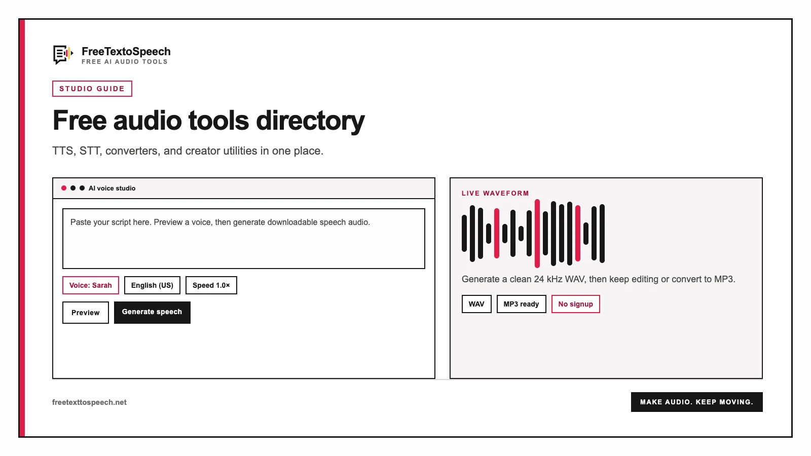 FreeTextoSpeech studio mockup for free audio tools with script, voice controls, and waveform preview