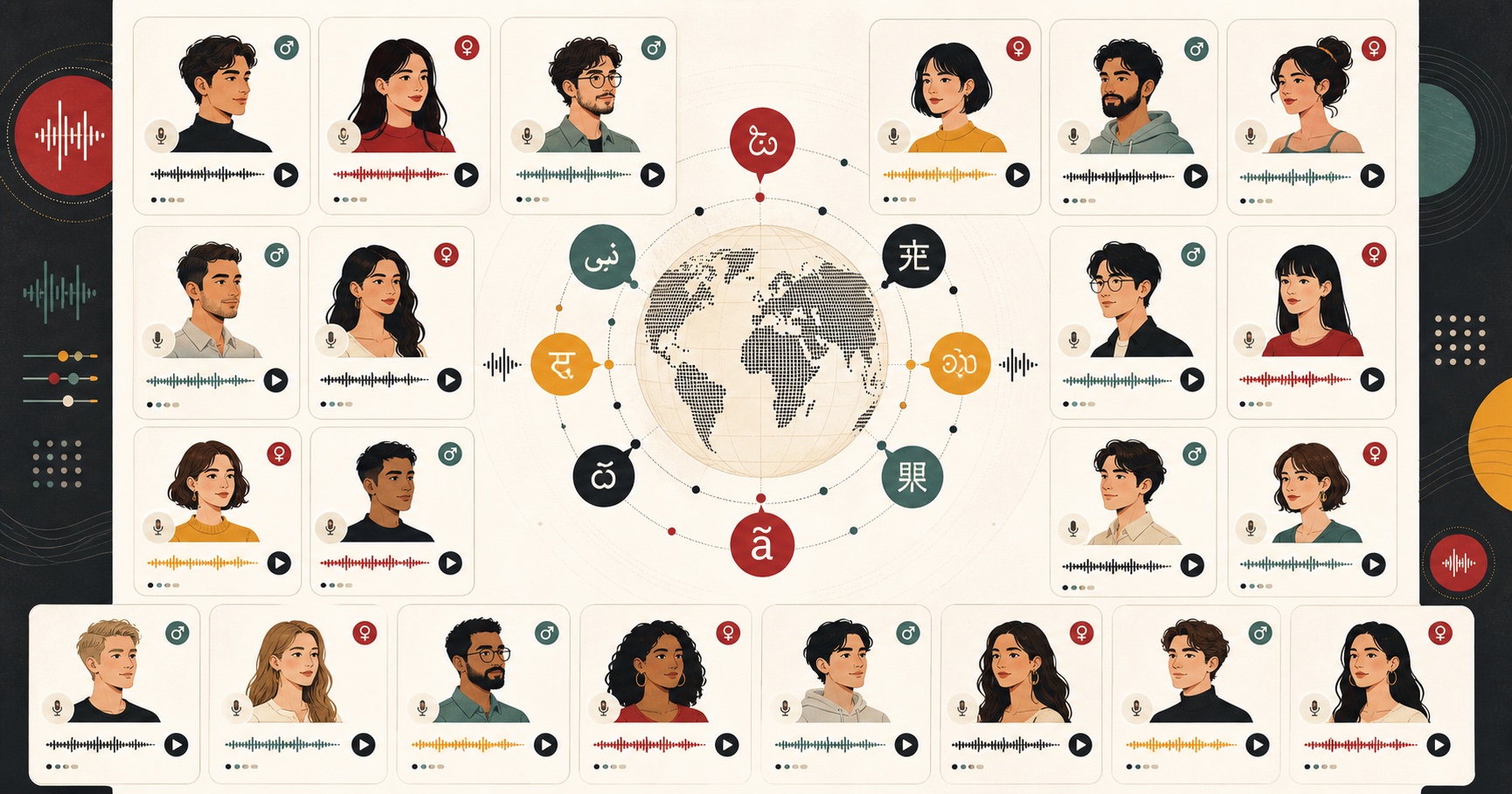 How Does Text to Speech Work? (4 Simple Steps) | FreeTextoSpeech Blog: visual guide showing an AI voice library with many voices, languages, accents, and waveform previews
