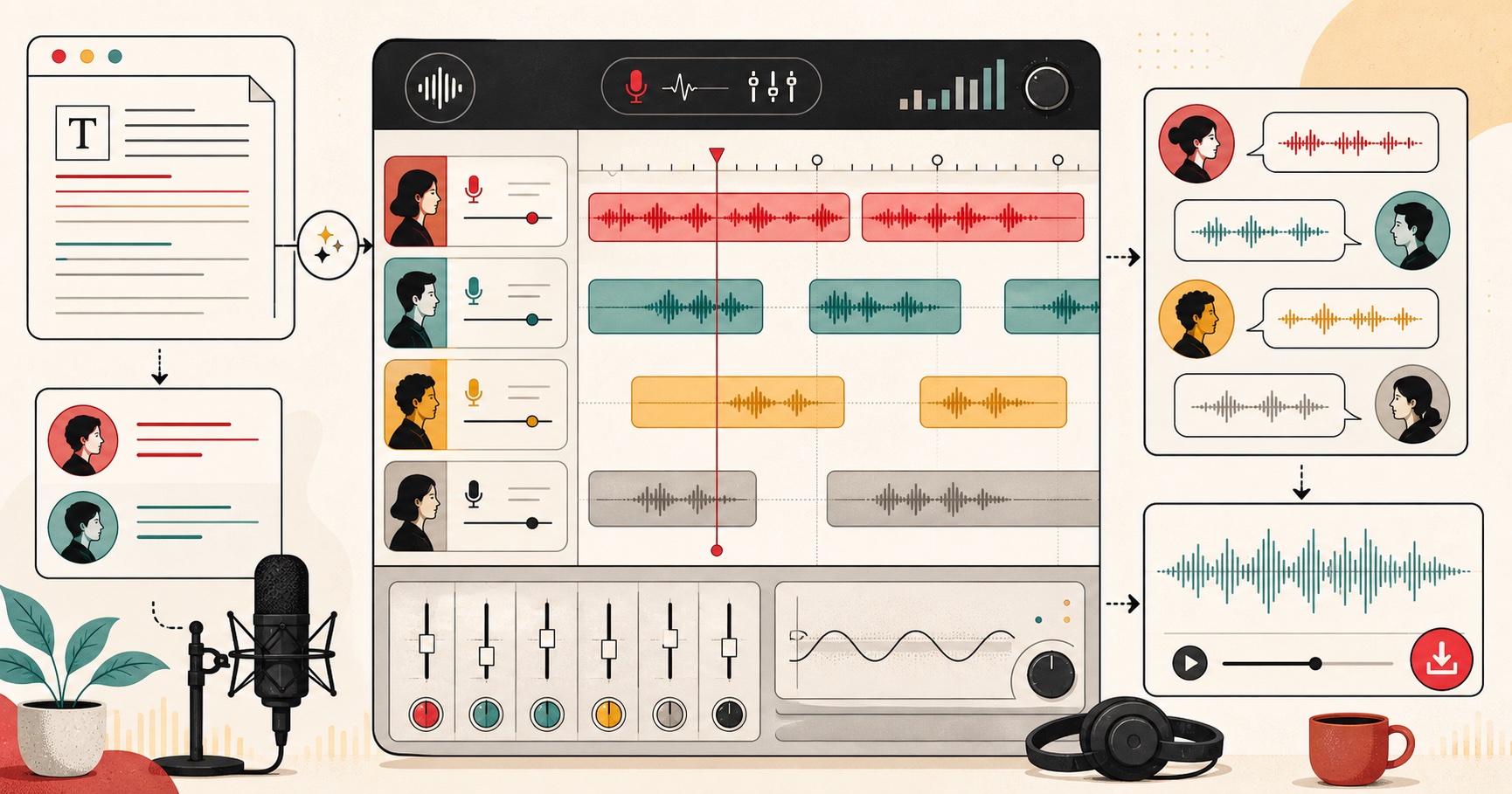 Text to Speech Converter - 54 AI Voices, Free: visual guide showing an AI voice studio with scripts, voice lanes, dialogue tracks, and audio export