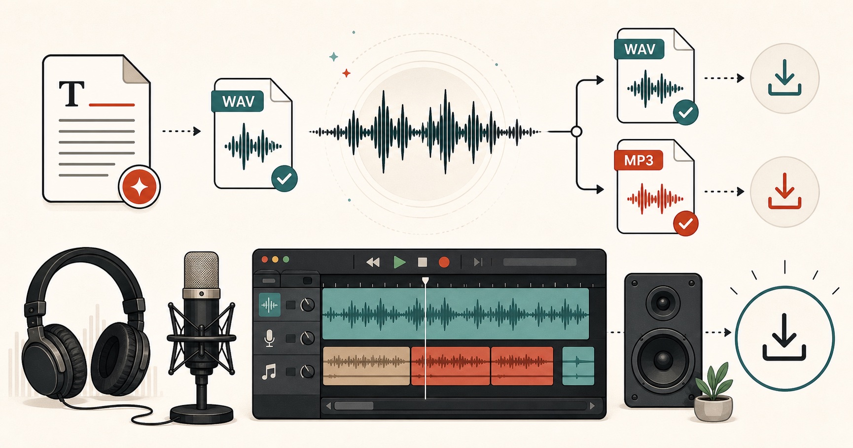 French Text to Speech (Accents & Liaison) | FreeTextoSpeech Blog: visual guide showing text converted into WAV and MP3 audio files for editing and download