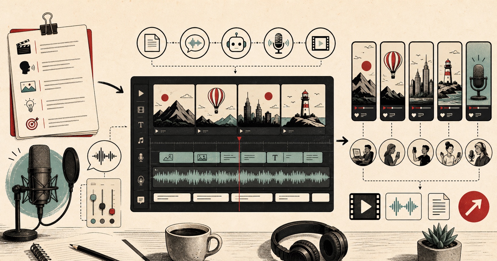 Make an Audiobook with AI Voices (No Studio) | FreeTextoSpeech Blog: visual guide showing a script becoming voiceovers for video, shorts, reels, and podcast content