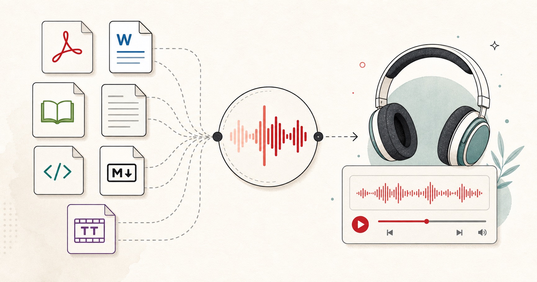 How to Turn Study Notes into Audio (Free) | FreeTextoSpeech Blog: visual guide showing PDF, DOCX, EPUB, TXT, HTML, Markdown, and subtitle files converting into audio