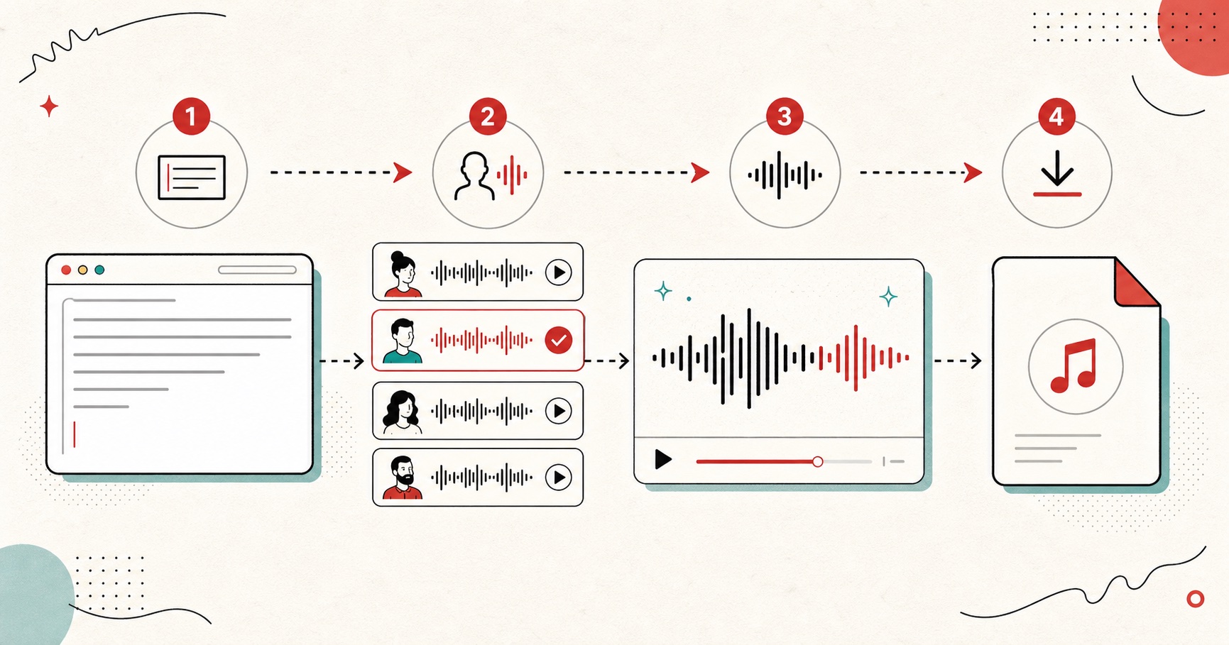 Cookie Policy - FreeTextoSpeech Text to Speech Tool: visual guide showing text input, AI voice selection, waveform generation, and audio download