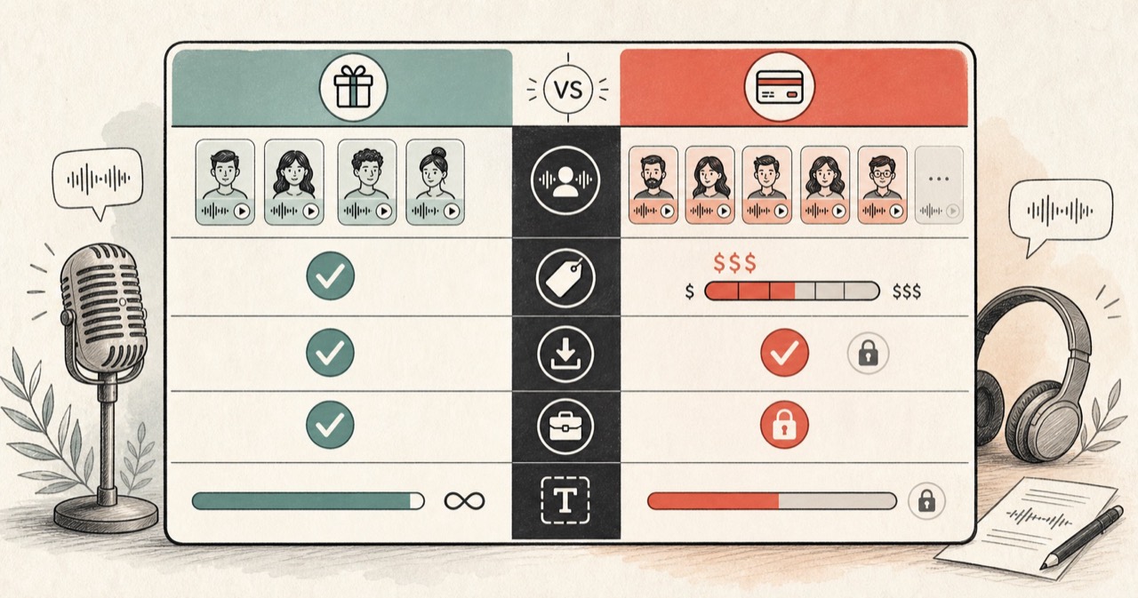Which AI Voice Is This? Identify Popular TTS Voices | FTTS Blog: visual guide comparing a free text to speech workflow with paid AI voice tool limits and subscriptions